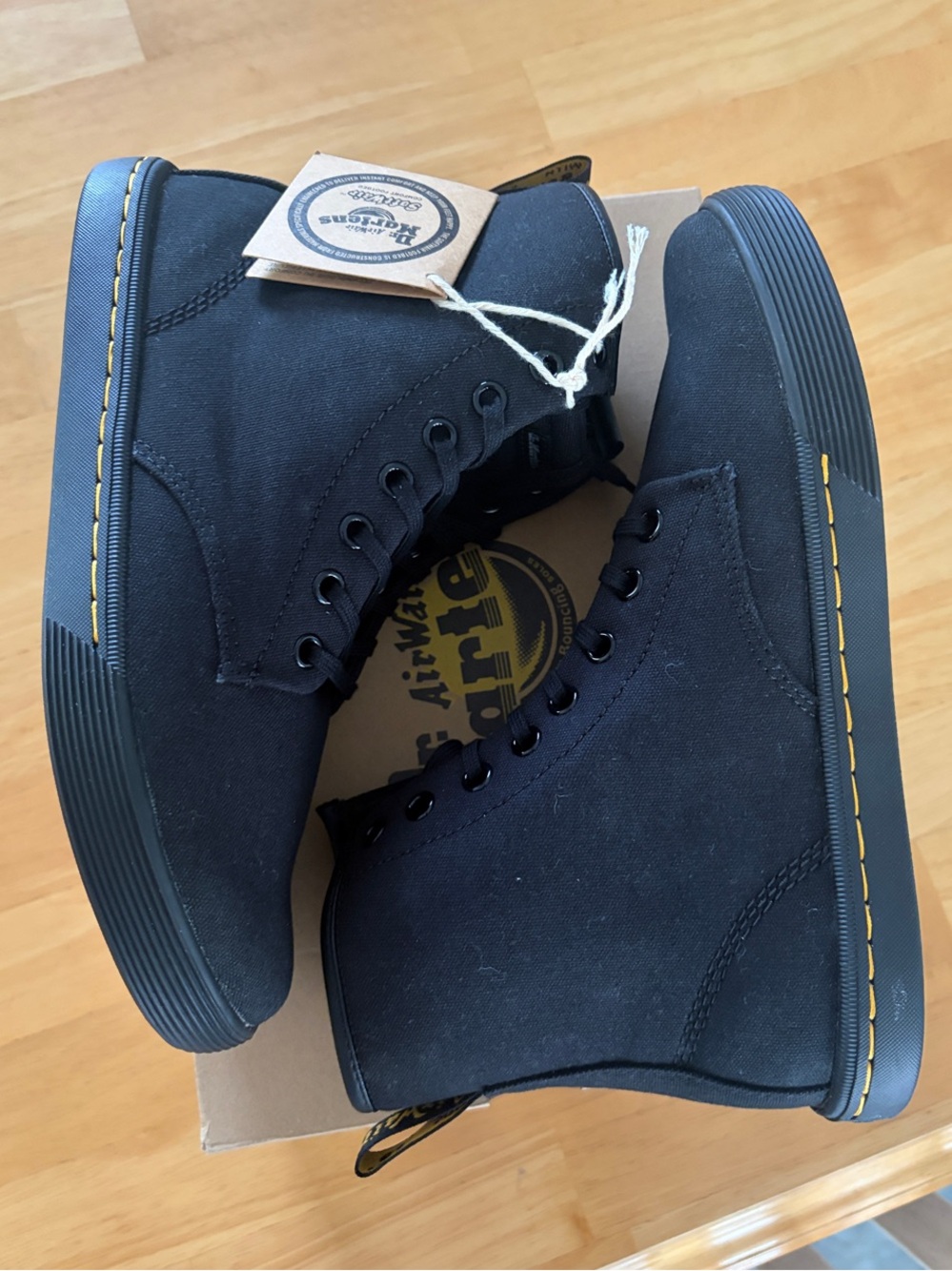 Dr. Martens Black Canvas High-Top Boots with Yellow Stitching